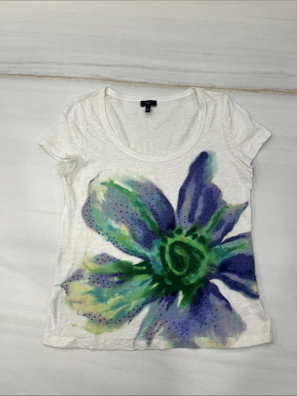 Talbots White Scoop Neck Tee with Green and Purple Floral Graphic
